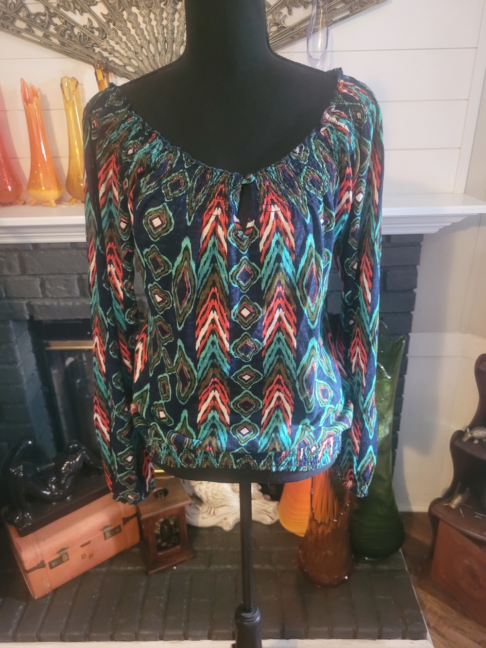 Lucky Brand Black Boho Peasant Top with Teal & Coral Accents